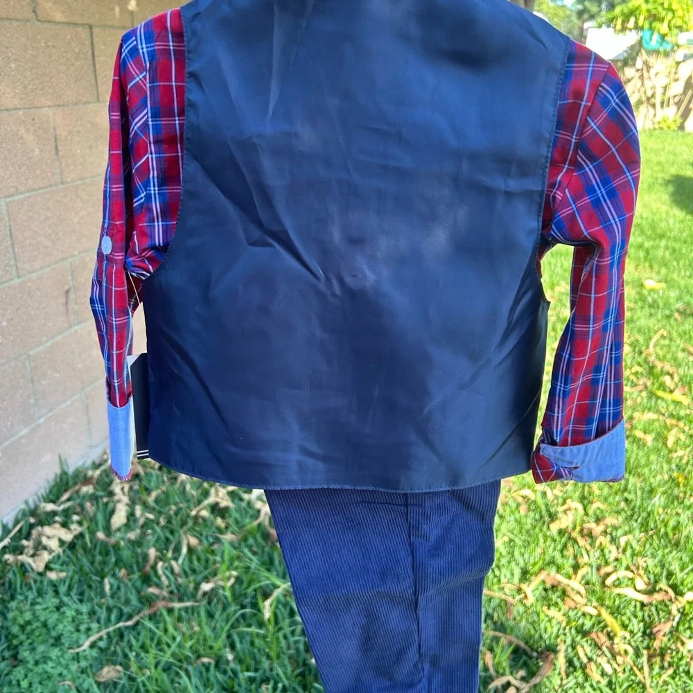 Nautica Kids Gray Vest with Red Plaid Shirt and Navy Tie
